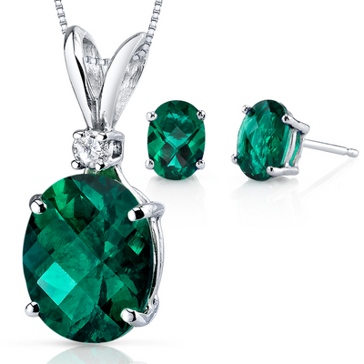 Emerald Oval Shape Stud Earrings and Pendant with Diamond Accent 14K White Gold 3.81 ctw Gift Set