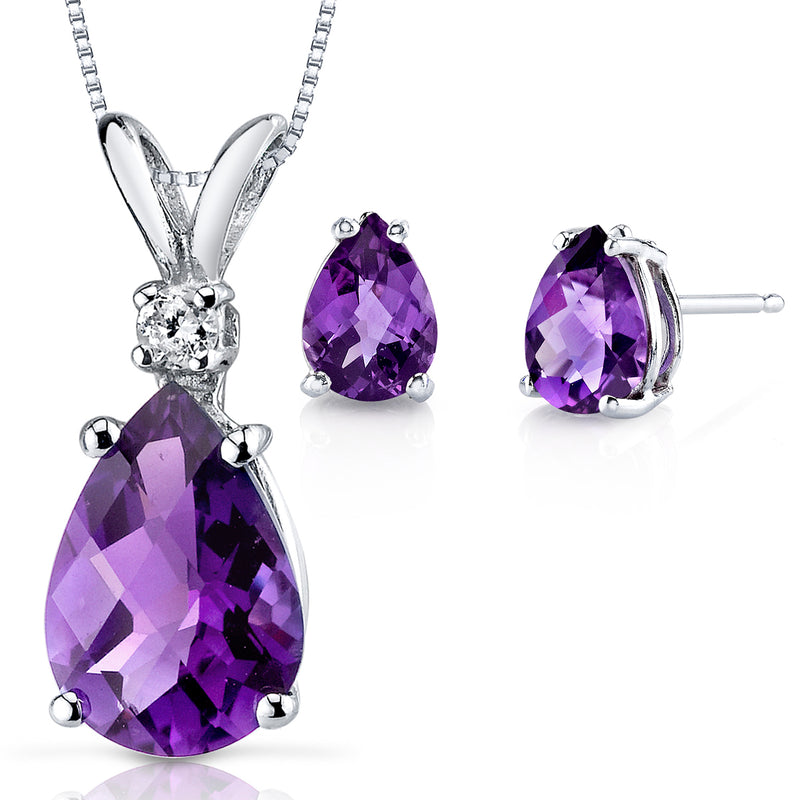 Amethyst Pear Shape Stud Earrings and Pendant with Diamond Accent 14K White Gold 2.78 ctw Gift Set