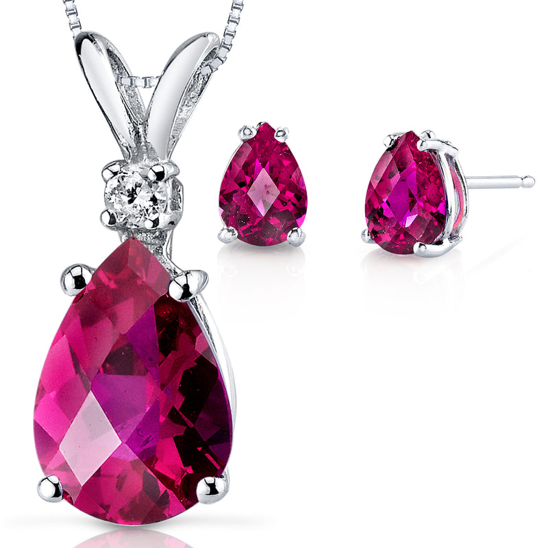 Ruby Pear Shape Stud Earrings and Pendant with Diamond Accent 14K White Gold 4.42 ctw Gift Set