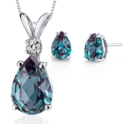 Alexandrite Pear Shape Stud Earrings and Pendant with Diamond Accent 14K White Gold 4.30 ctw Gift Set