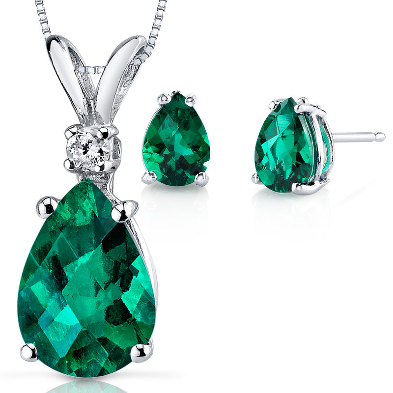 Emerald Pear Shape Stud Earrings and Pendant with Diamond Accent 14K White Gold 2.97 ctw Gift Set
