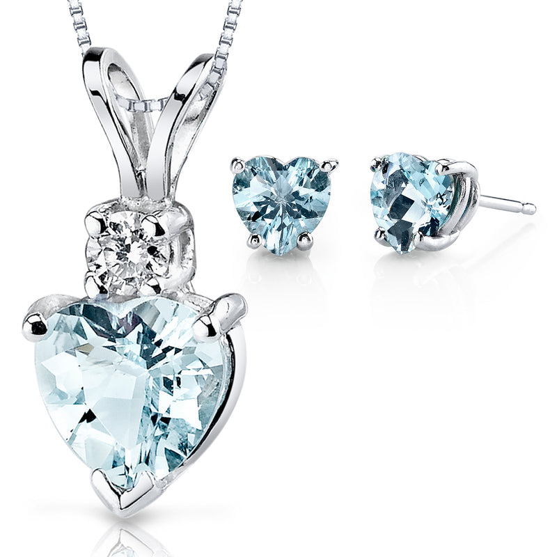 Aquamarine Heart Shape Stud Earrings and Pendant with Diamond Accent 14K White Gold 2.15 ctw Gift Set