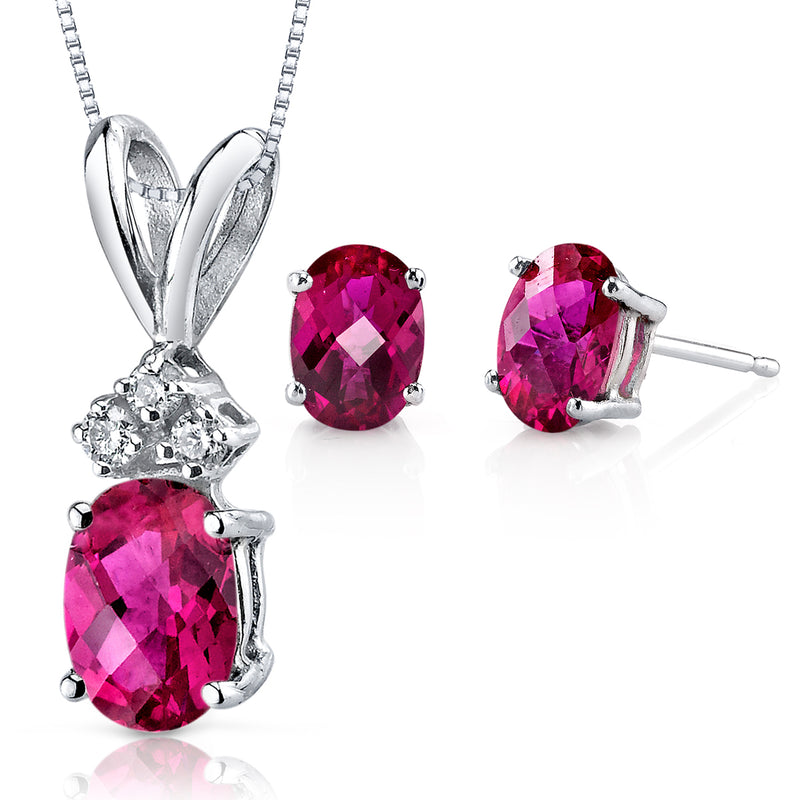 Ruby Oval Stud Earrings and Pendant with Diamond Accent 14K White Gold 2.97 ctw Gift Set