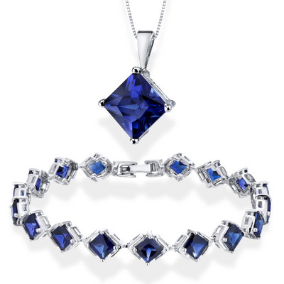 Blue Sapphire Princess Shape 14K White Gold Pendant and Sterling Silver Bracelet 15.38 ctw Gift Set