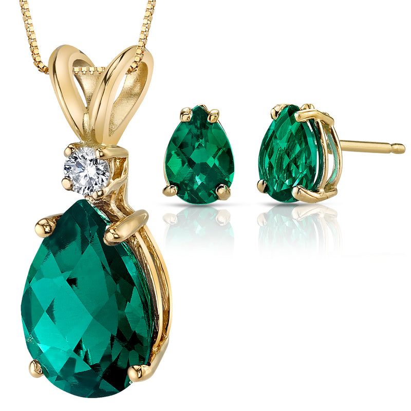 Emerald Pear Shape Stud Earrings and Pendant with Diamond Accent 14K Yellow Gold 2.97 ctw Gift Set
