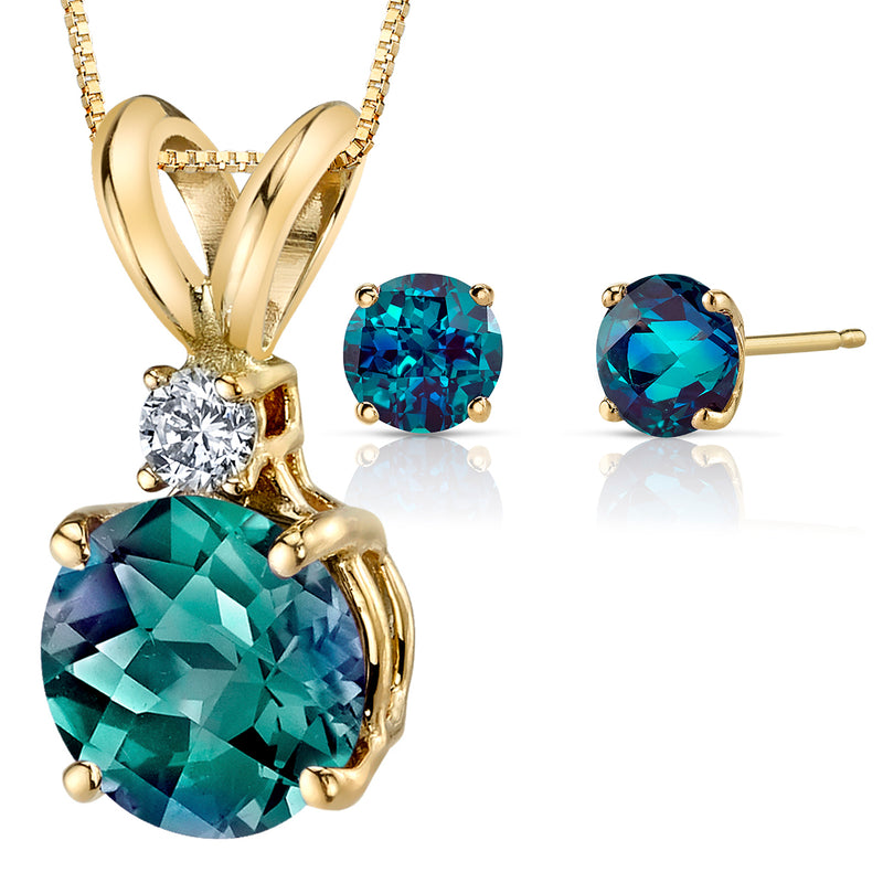 Alexandrite Round Stud Earrings and Pendant with Diamond Accent 14K Yellow Gold 3.30 ctw Gift Set