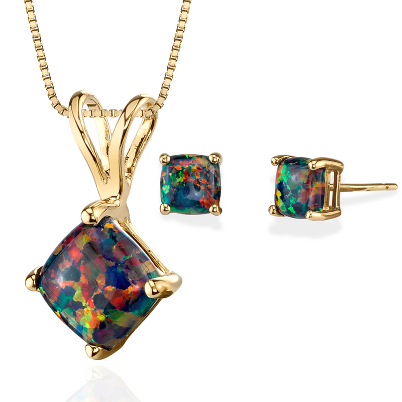 Black Opal Cushion Cut Stud Earrings and Pendant with 14K White Gold 1.5 ctw Gift Set