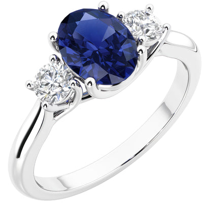 Peora Blue Sapphire and Lab Grown Diamond 3-Stone Trellis Ring 14K Gold Oval Shape