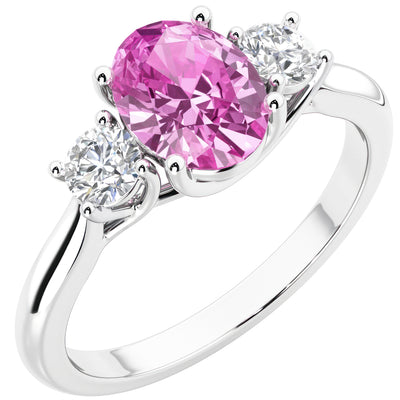 Peora Created Pink Sapphire and Lab Grown Diamond 3-Stone Trellis Ring 14K Gold Oval Shape