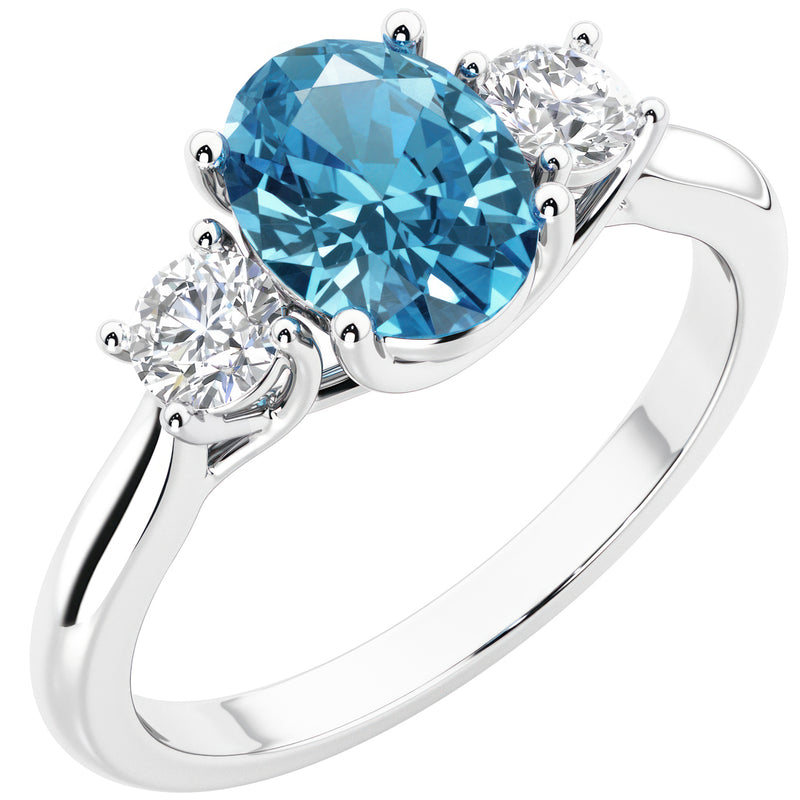 Peora London Blue Topaz and Lab Grown Diamond 3-Stone Trellis Ring 14K Gold Oval Shape