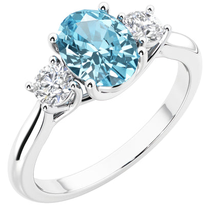 Peora Swiss Blue Topaz and Lab Grown Diamond 3-Stone Trellis Ring 14K Gold Oval Shape