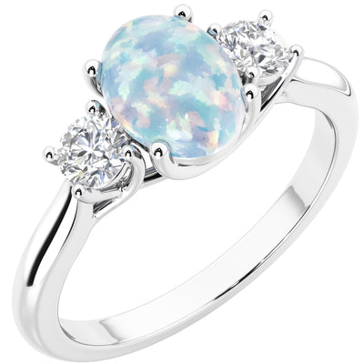 Peora Created White Opal and Lab Grown Diamond 3-Stone Trellis Ring 14K Gold Oval Shape