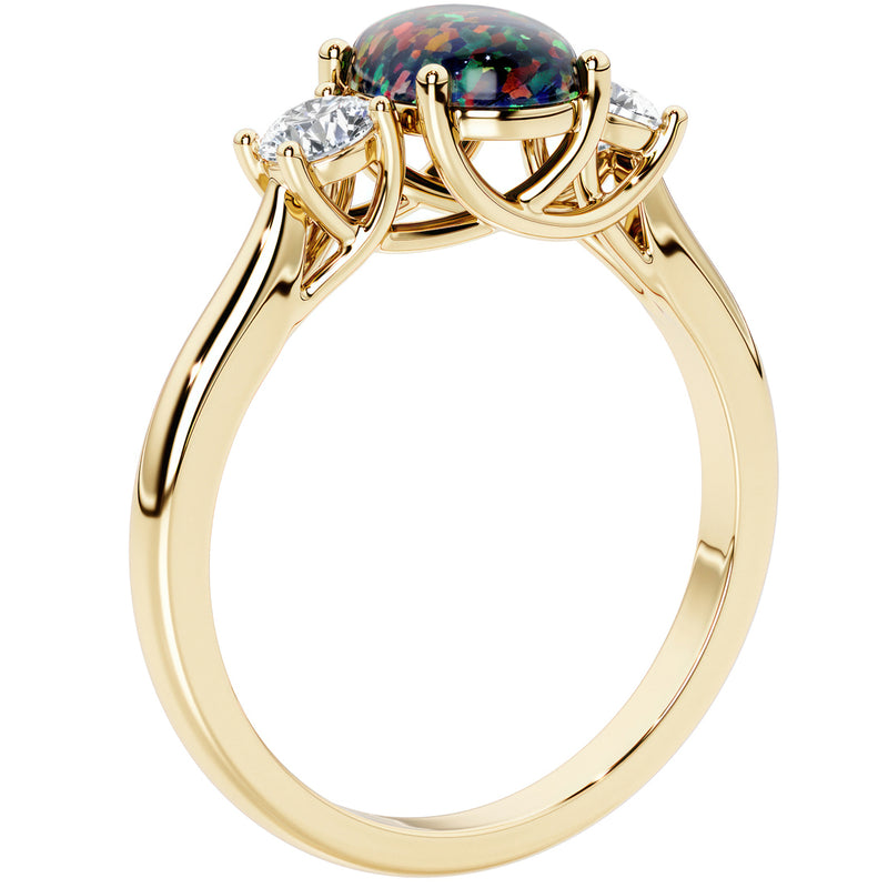 Peora Created Black Opal and Lab Grown Diamond 3-Stone Trellis Ring 14K Gold Oval Shape