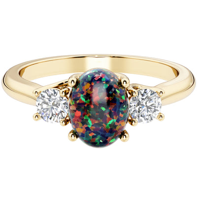 Peora Created Black Opal and Lab Grown Diamond 3-Stone Trellis Ring 14K Gold Oval Shape