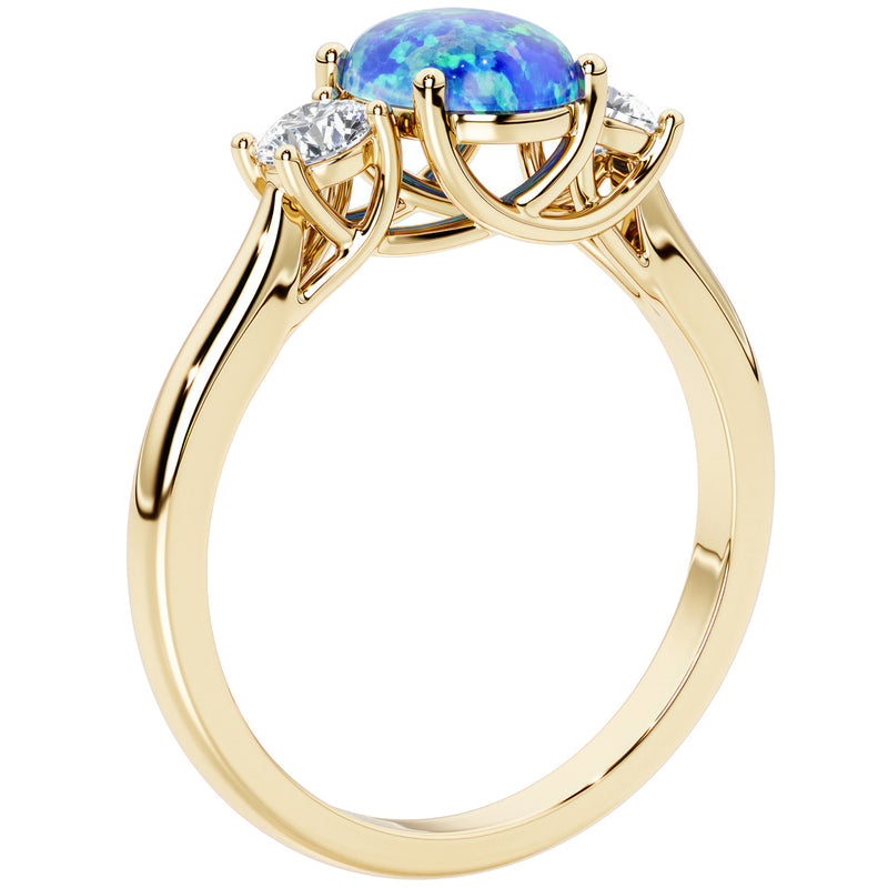 Peora Created Blue Opal and Lab Grown Diamond 3-Stone Trellis Ring 14K Gold Oval Shape