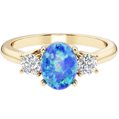 Peora Created Blue Opal and Lab Grown Diamond 3-Stone Trellis Ring 14K Gold Oval Shape