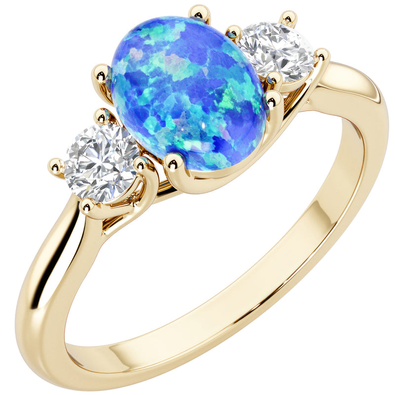 Peora Created Blue Opal and Lab Grown Diamond 3-Stone Trellis Ring 14K Gold Oval Shape