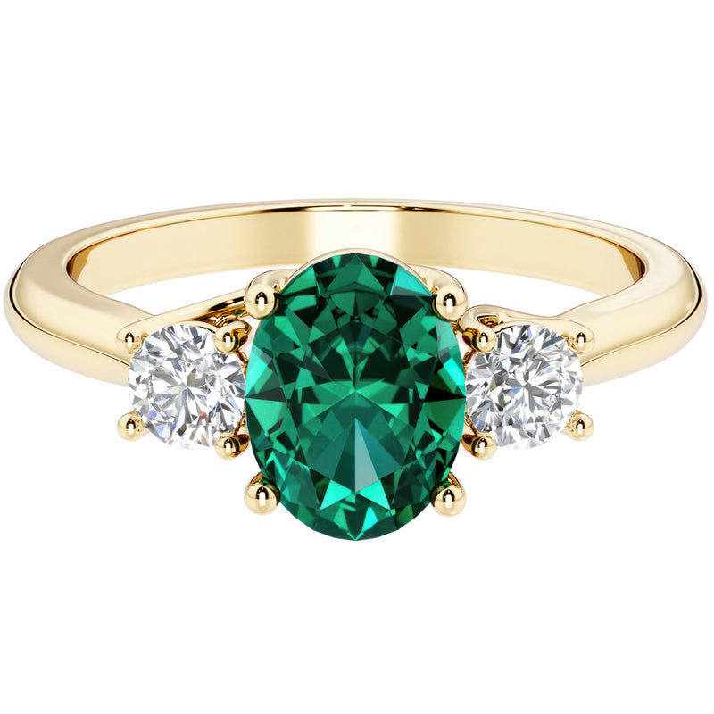 Peora Created Emerald and Lab Grown Diamond 3-Stone Trellis Ring 14K Gold Oval Shape