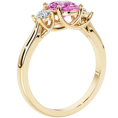 Peora Created Pink Sapphire and Lab Grown Diamond 3-Stone Trellis Ring 14K Gold Oval Shape