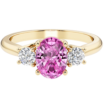 Peora Created Pink Sapphire and Lab Grown Diamond 3-Stone Trellis Ring 14K Gold Oval Shape