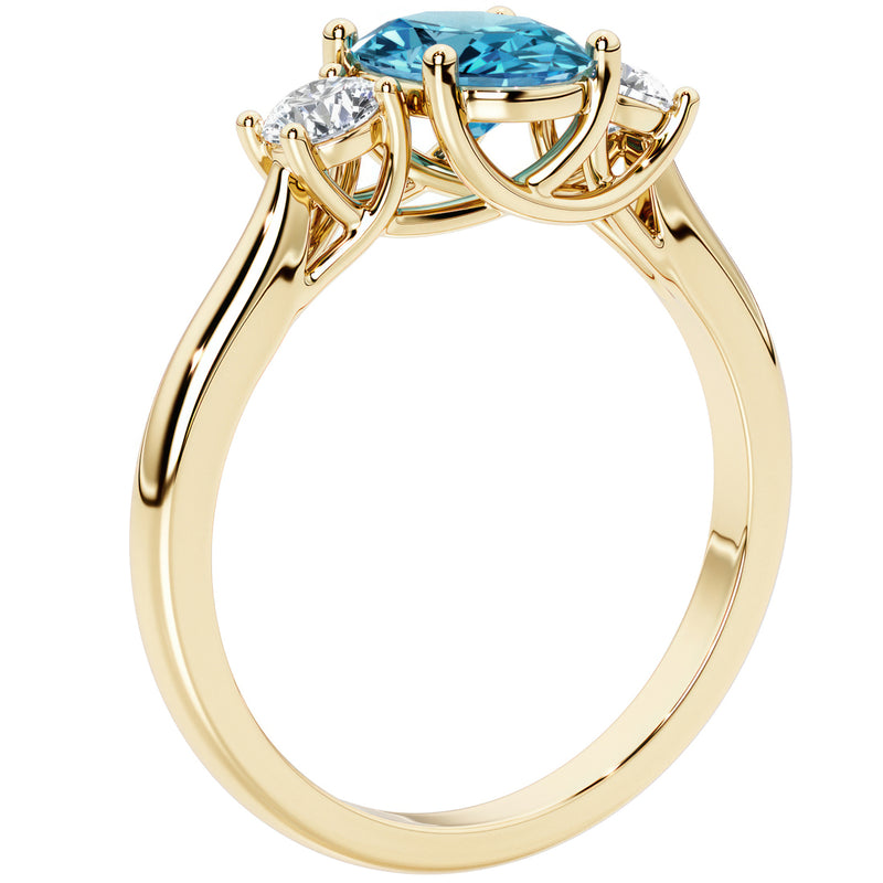 Peora London Blue Topaz and Lab Grown Diamond 3-Stone Trellis Ring 14K Gold Oval Shape