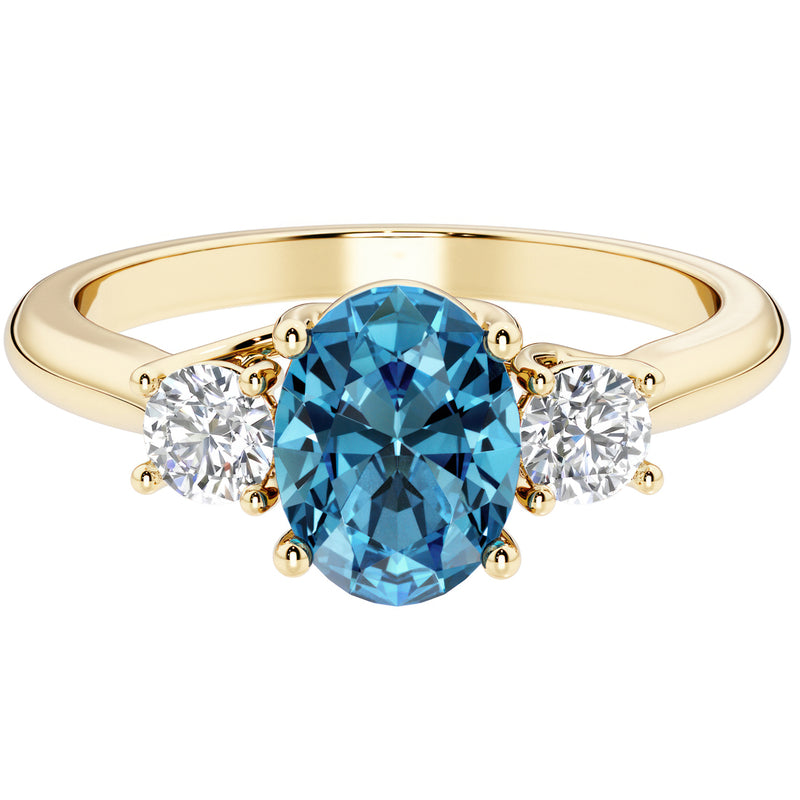 Peora London Blue Topaz and Lab Grown Diamond 3-Stone Trellis Ring 14K Gold Oval Shape