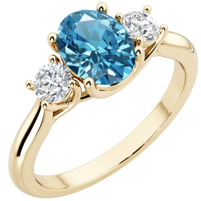 Peora London Blue Topaz and Lab Grown Diamond 3-Stone Trellis Ring 14K Gold Oval Shape
