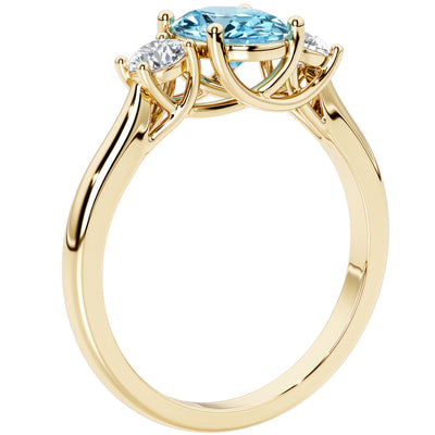 Peora Swiss Blue Topaz and Lab Grown Diamond 3-Stone Trellis Ring 14K Gold Oval Shape