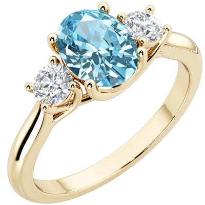 Peora Swiss Blue Topaz and Lab Grown Diamond 3-Stone Trellis Ring 14K Gold Oval Shape