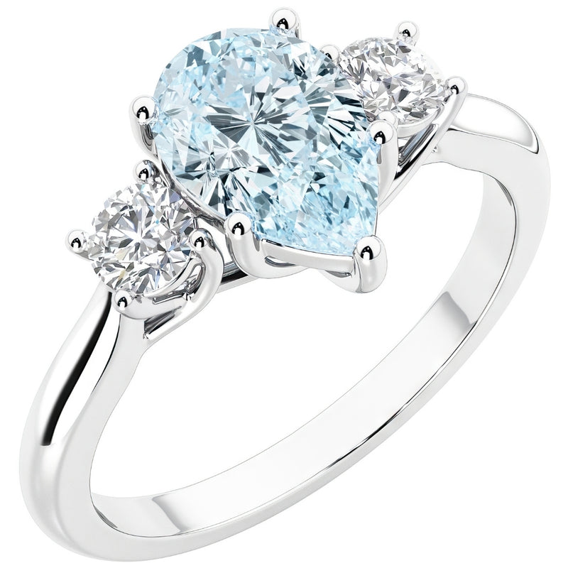 Aquamarine and Lab Grown Diamond 3-Stone Trellis Ring 14K Gold 1.30 Carats Pear Shape