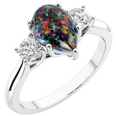 Black Opal and Lab Grown Diamond 3-Stone Trellis Ring 14K Gold 1.50 Carats Pear Shape