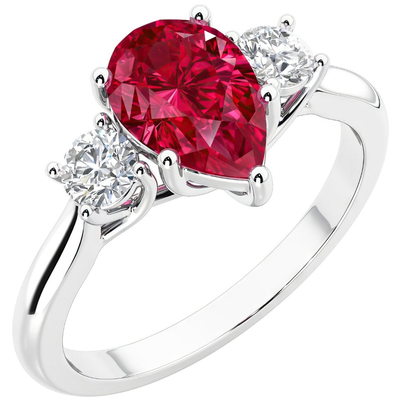 Created Ruby and Lab Grown Diamond 3-Stone Trellis Ring 14K Gold 2 Carats Pear Shape