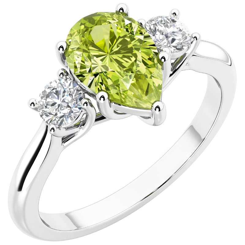 Peridot and Lab Grown Diamond 3-Stone Trellis Ring 14K Gold 1.80 Carats Pear Shape