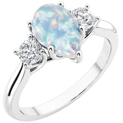 White Opal and Lab Grown Diamond 3-Stone Trellis Ring 14K Gold 1.50 Carats Pear Shape