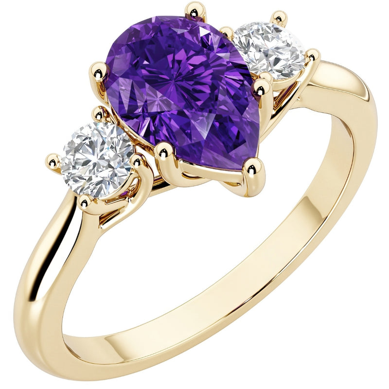 Amethyst and Lab Grown Diamond 3-Stone Trellis Ring 14K Gold 1.30 Carats Pear Shape