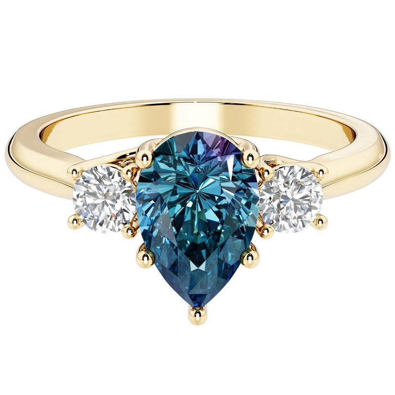 Alexandrite and Lab Grown Diamond 3-Stone Trellis Ring 14K Gold 2 Carats Pear Shape