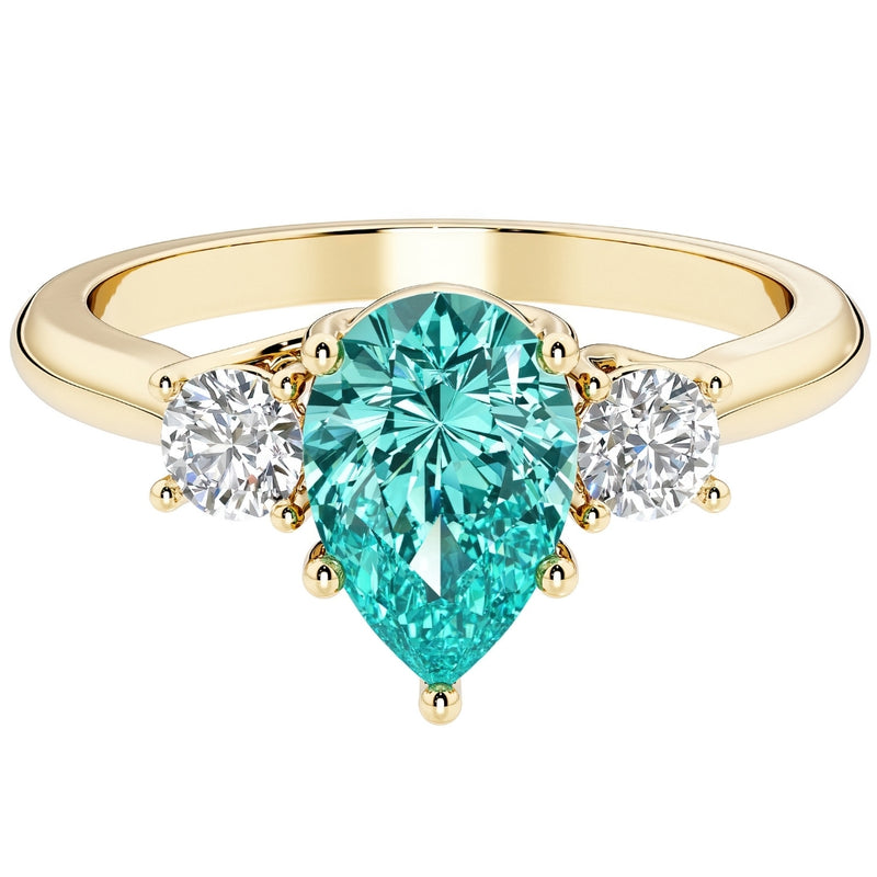 Paraiba Tourmaline and Lab Grown Diamond 3-Stone Trellis Ring 14K Gold 1.80 Carats Pear Shape