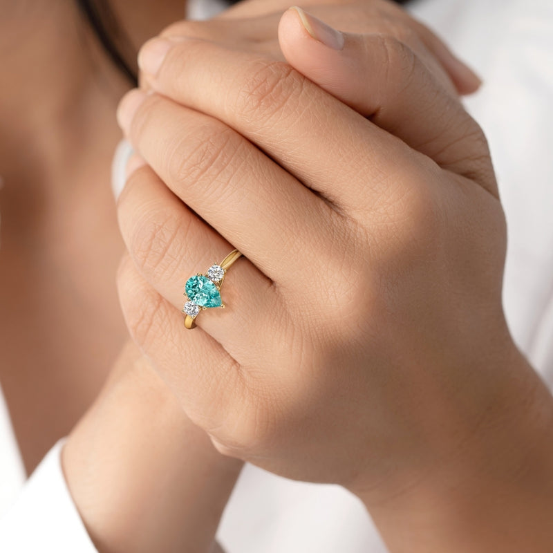 Paraiba Tourmaline and Lab Grown Diamond 3-Stone Trellis Ring 14K Gold 1.80 Carats Pear Shape