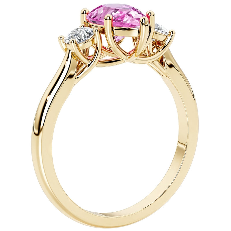 Pink Sapphire and Lab Grown Diamond 3-Stone Trellis Ring 14K Gold 2 Carats Pear Shape