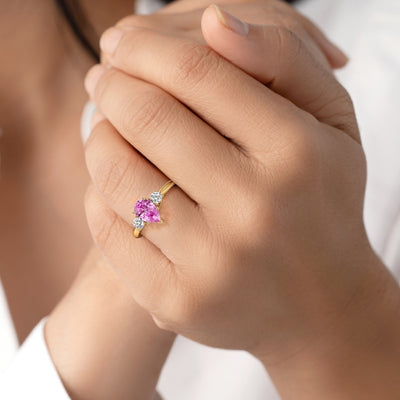 Pink Sapphire and Lab Grown Diamond 3-Stone Trellis Ring 14K Gold 2 Carats Pear Shape