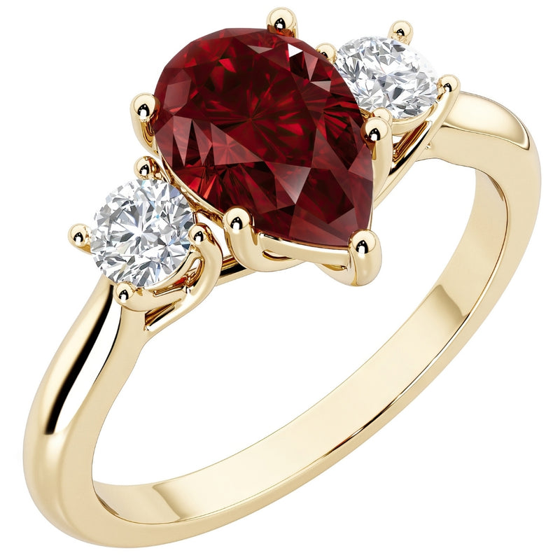 Garnet and Lab Grown Diamond 3-Stone Trellis Ring 14K Gold 1.80 Carats Pear Shape