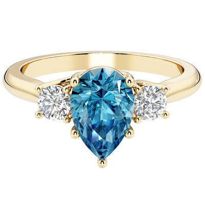 London Blue Topaz and Lab Grown Diamond 3-Stone Trellis Ring 14K Gold 1.80 Carats Pear Shape