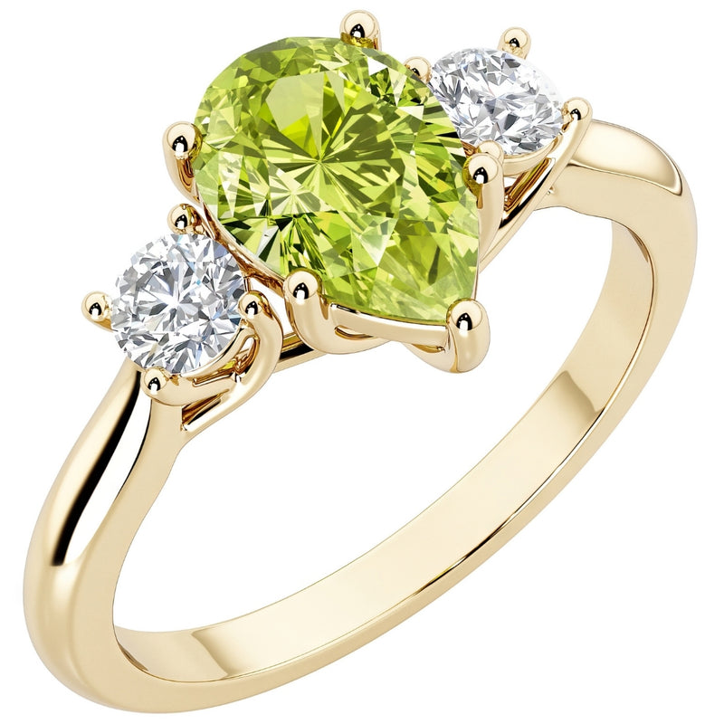 Peridot and Lab Grown Diamond 3-Stone Trellis Ring 14K Gold 1.80 Carats Pear Shape