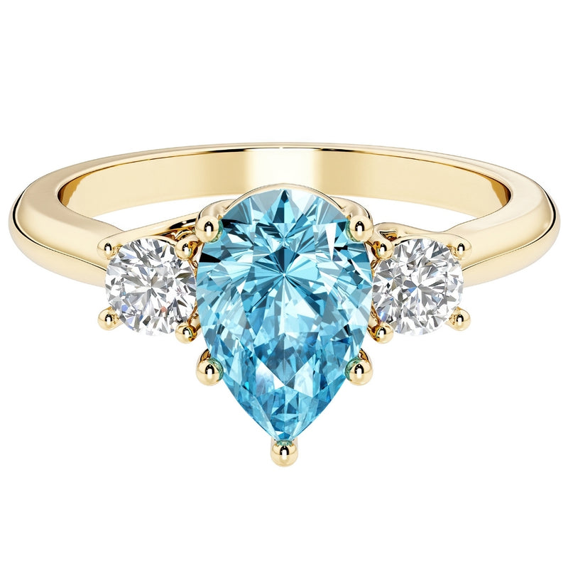 Swiss Blue Topaz and Lab Grown Diamond 3-Stone Trellis Ring 14K Gold 1.80 Carats Pear Shape