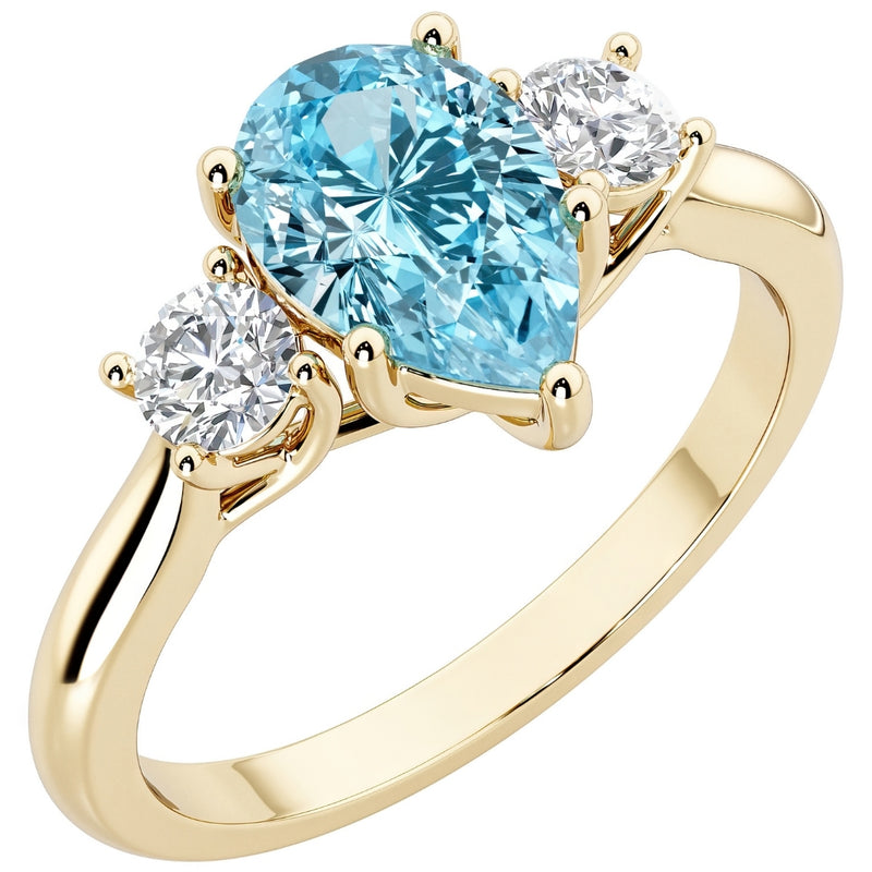 Swiss Blue Topaz and Lab Grown Diamond 3-Stone Trellis Ring 14K Gold 1.80 Carats Pear Shape