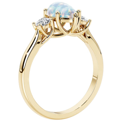 White Opal and Lab Grown Diamond 3-Stone Trellis Ring 14K Gold 1.50 Carats Pear Shape