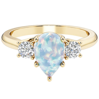 White Opal and Lab Grown Diamond 3-Stone Trellis Ring 14K Gold 1.50 Carats Pear Shape