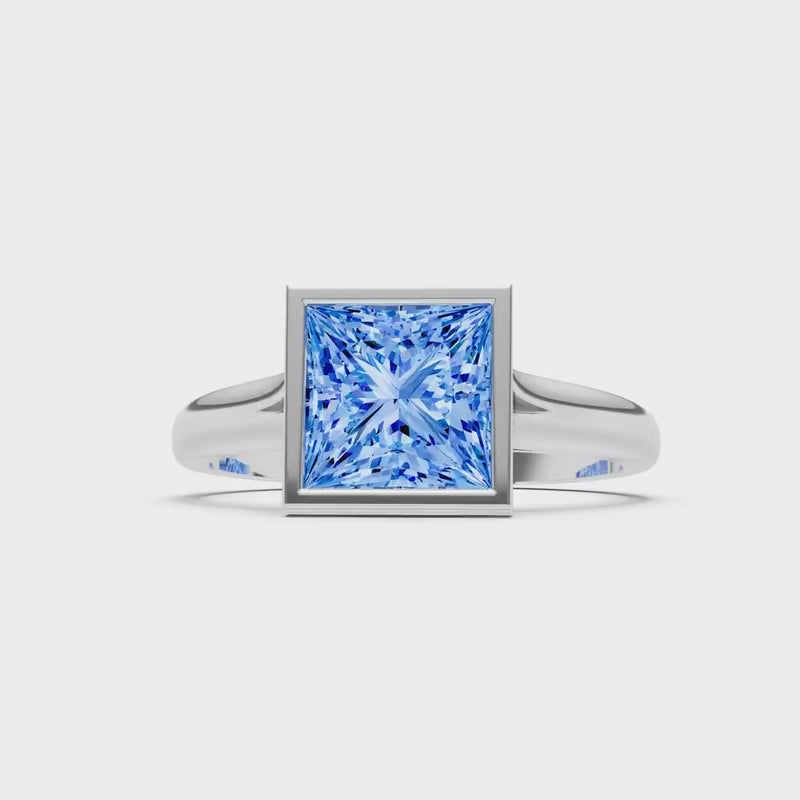 Swiss Blue Topaz Princess Shape Bezel Solitaire Ring