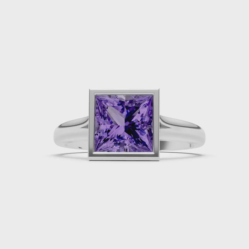 Amethyst Princess Shape Bezel Solitaire Ring