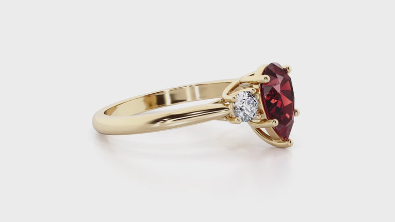 Garnet and Lab Grown Diamond 3-Stone Trellis Ring 14K Gold 1.80 Carats Pear Shape